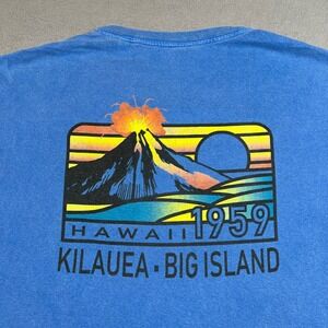 Hawaii 1959 Kilauea Big Island T-Shirt Kona Volcano Graphic Tee Mens‎ Blue Retro